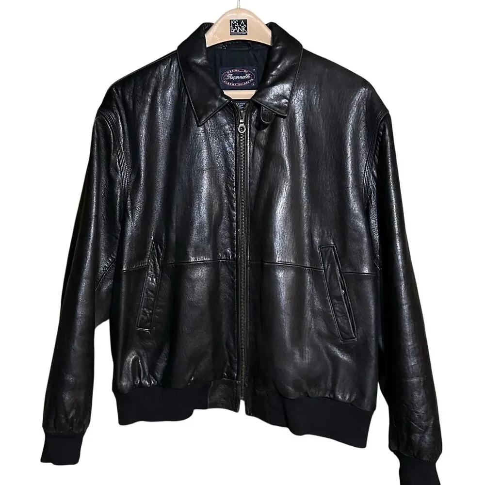 Facconable Black Leather Lambskin Bomber Biker Jacket Men's Large